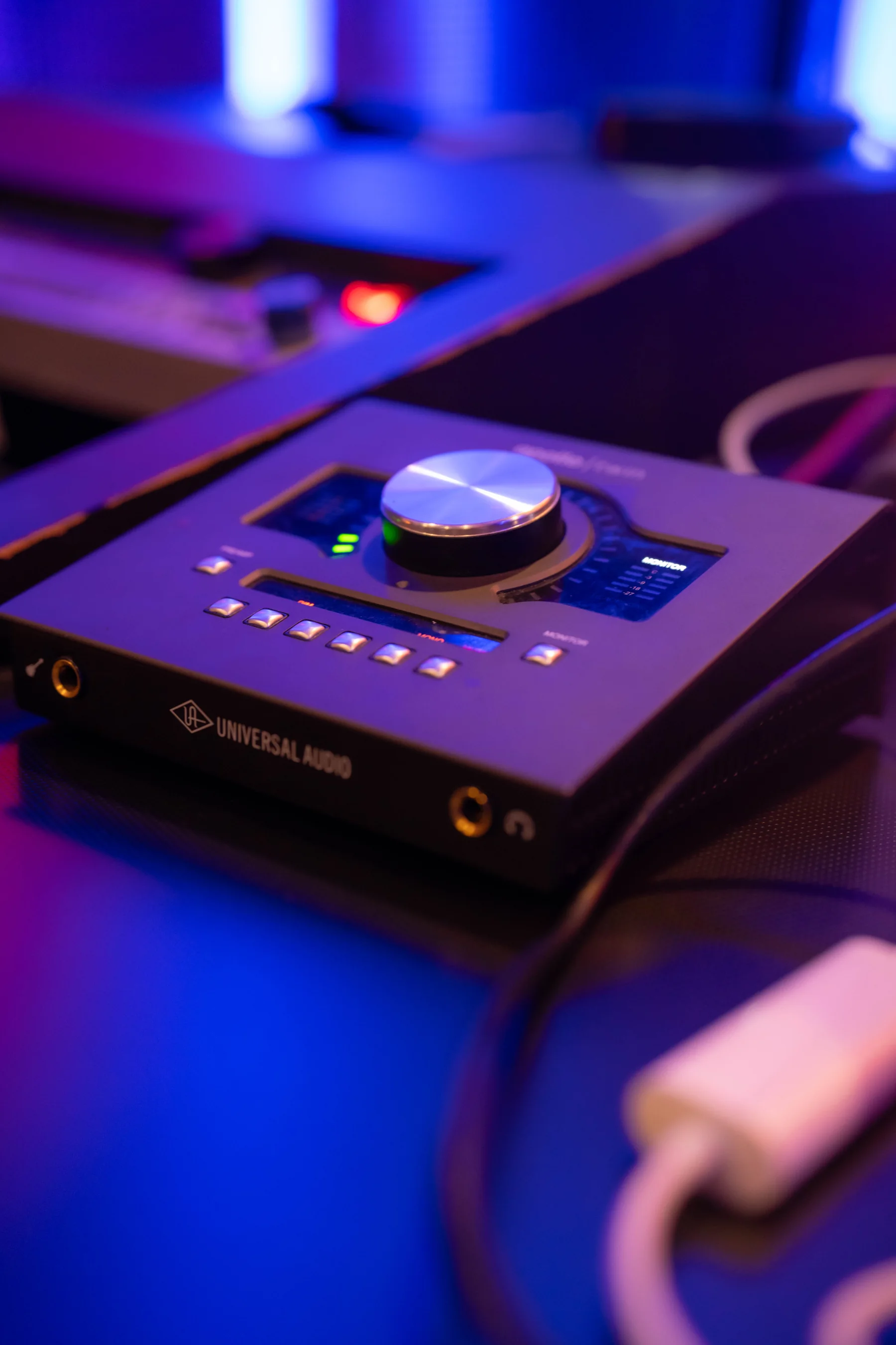Close view of the Studio A audio interface controls
