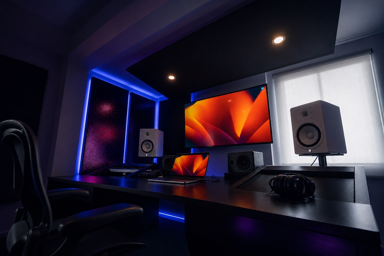 Studio A production desk, monitors and acoustic treatment
